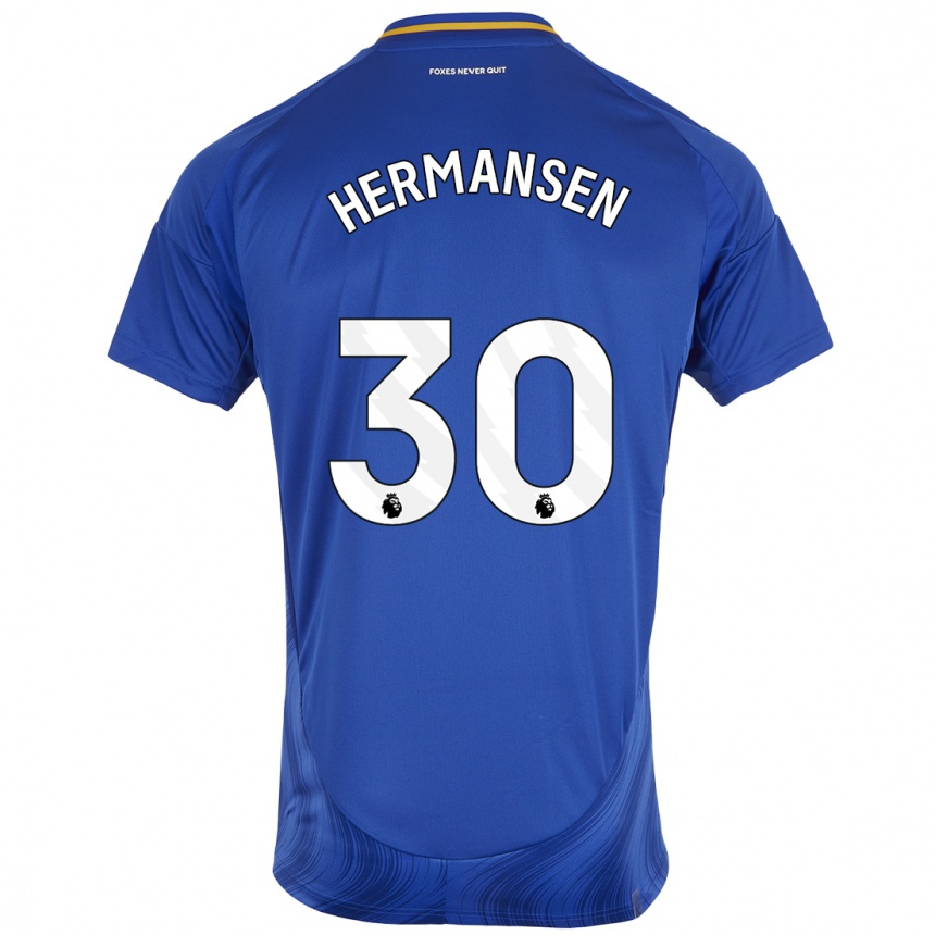 Kinder Fußball Mads Hermansen #30 Blau Weiß Heimtrikot Trikot 2024/25 T-Shirt Luxemburg