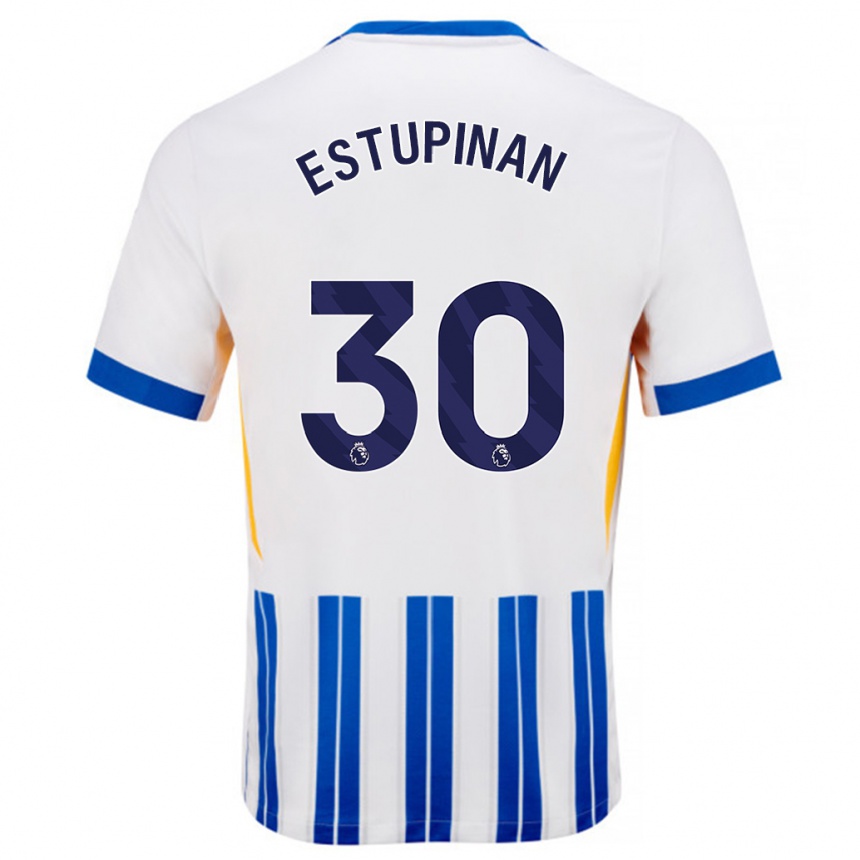 Kinder Fußball Pervis Estupiñán #30 Weiß Blaue Nadelstreifen Heimtrikot Trikot 2024/25 T-Shirt Luxemburg