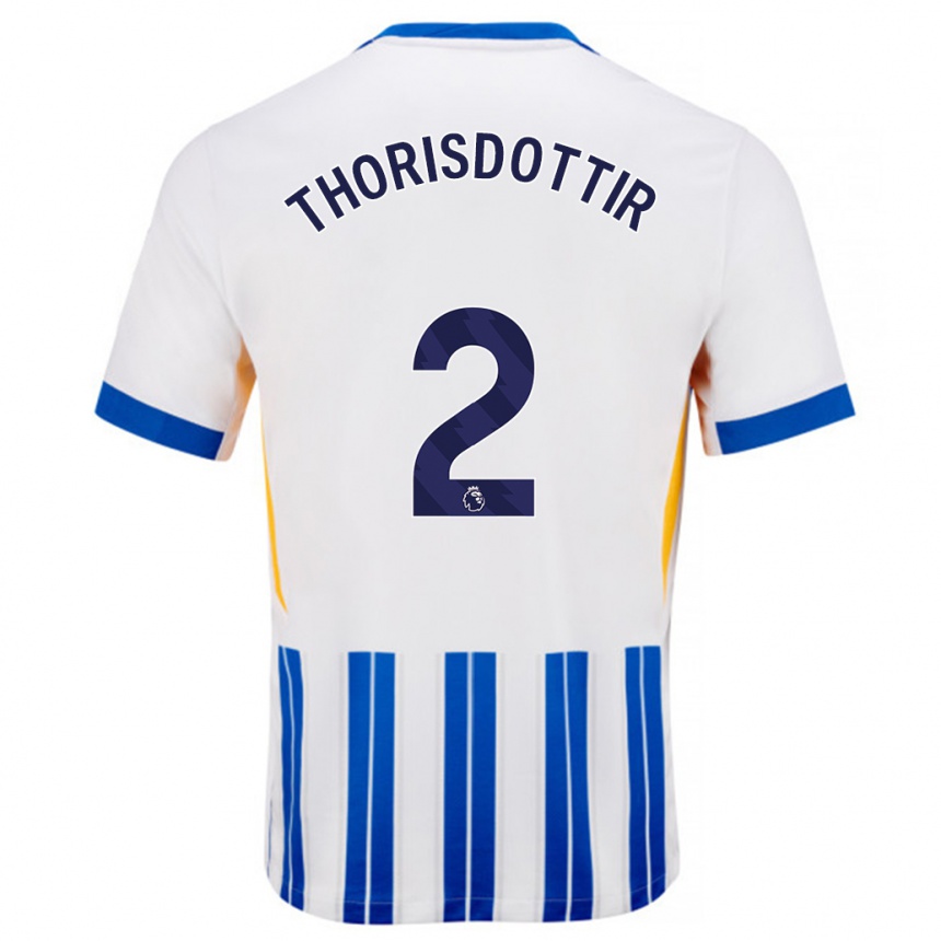 Kinder Fußball Maria Thorisdottir #2 Weiß Blaue Nadelstreifen Heimtrikot Trikot 2024/25 T-Shirt Luxemburg