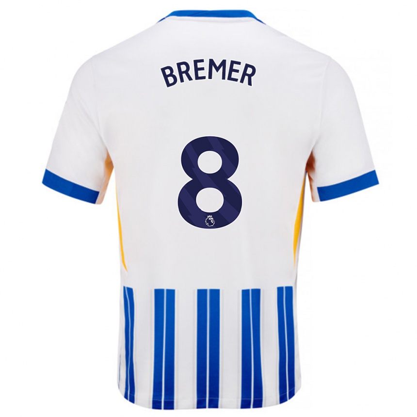 Kinder Fußball Pauline Bremer #8 Weiß Blaue Nadelstreifen Heimtrikot Trikot 2024/25 T-Shirt Luxemburg