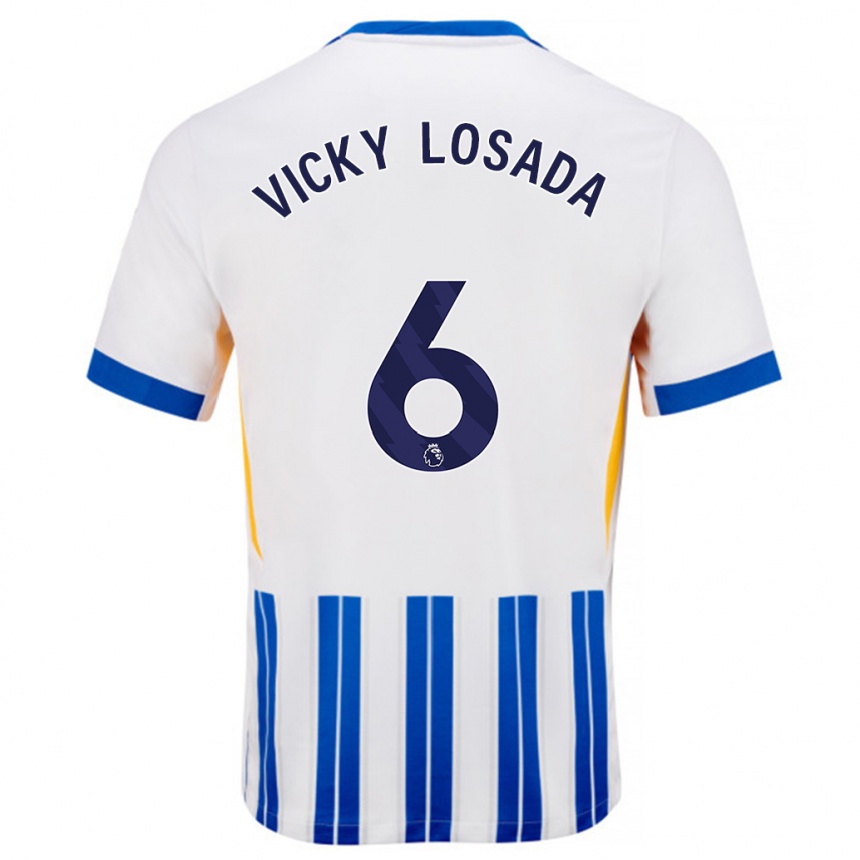 Kinder Fußball María Victoria Losada Gómez #6 Weiß Blaue Nadelstreifen Heimtrikot Trikot 2024/25 T-Shirt Luxemburg