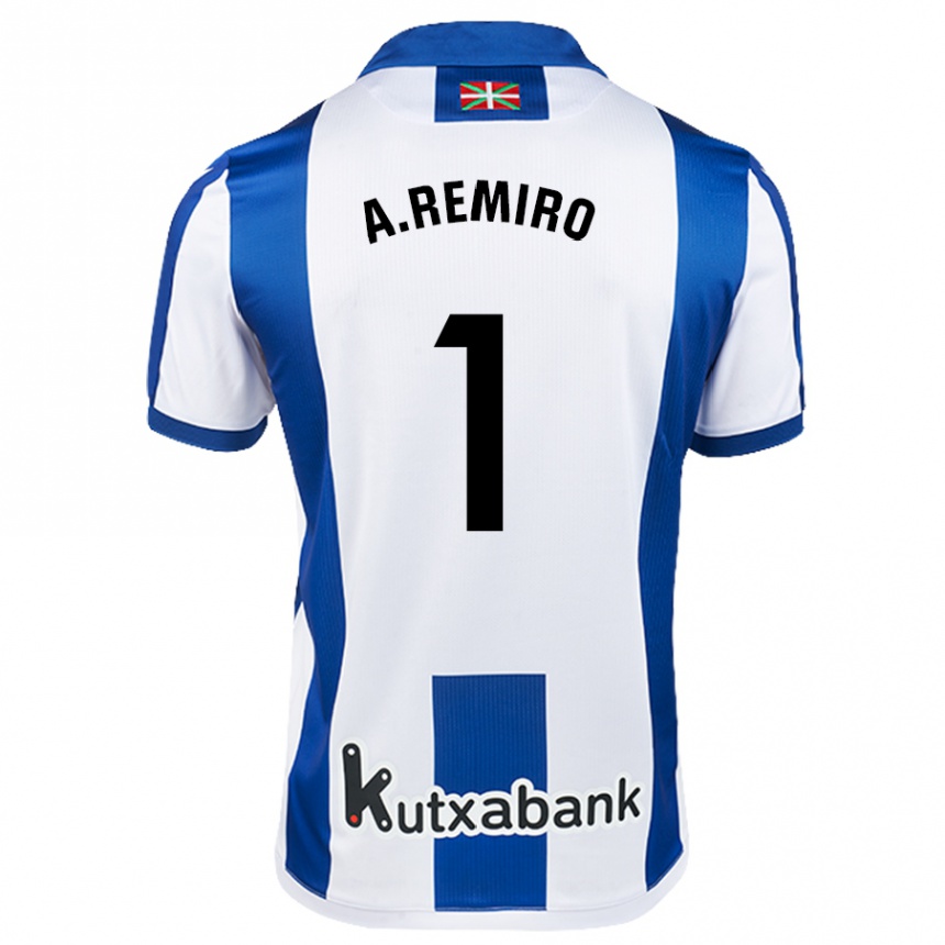 Kinder Fußball Álex Remiro #1 Weiß Blau Heimtrikot Trikot 2024/25 T-Shirt Luxemburg