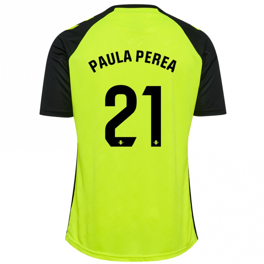 Kinder Fußball Paula Perea Ramírez #21 Fluoreszierendes Gelb Schwarz Auswärtstrikot Trikot 2024/25 T-Shirt Luxemburg