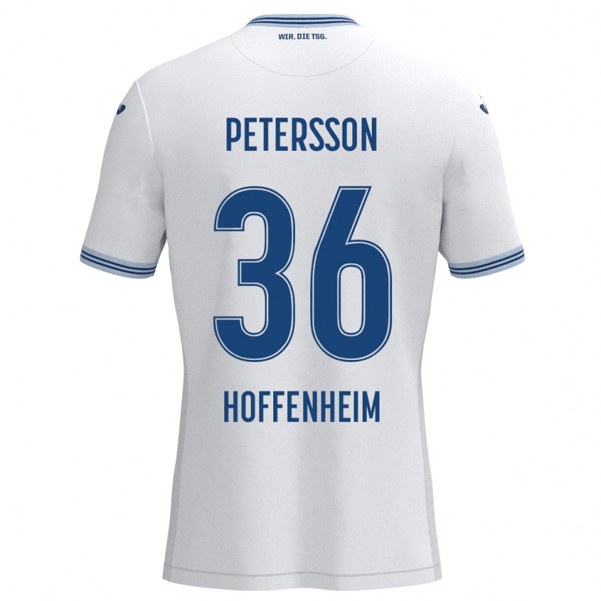 Kinder Fußball Lúkas Petersson #36 Weiß Blau Auswärtstrikot Trikot 2024/25 T-Shirt Luxemburg