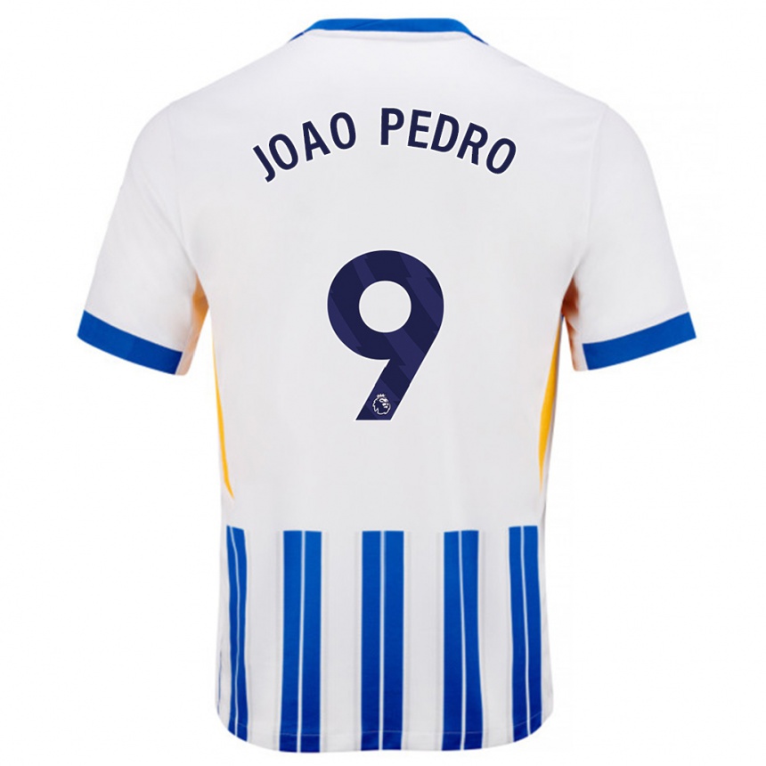 Herren Fußball João Pedro #9 Weiß Blaue Nadelstreifen Heimtrikot Trikot 2024/25 T-Shirt Luxemburg