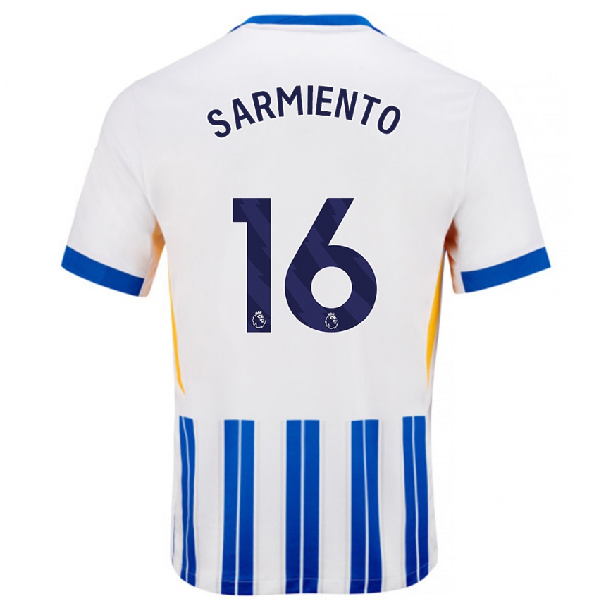 Herren Fußball Jeremy Sarmiento #16 Weiß Blaue Nadelstreifen Heimtrikot Trikot 2024/25 T-Shirt Luxemburg