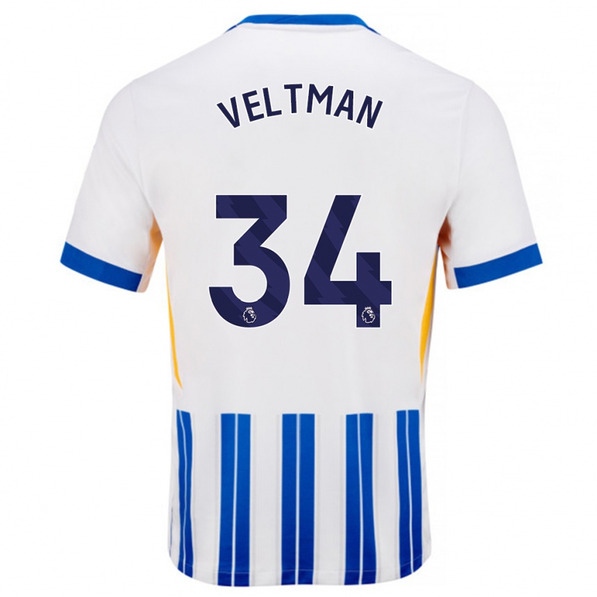 Herren Fußball Joël Veltman #34 Weiß Blaue Nadelstreifen Heimtrikot Trikot 2024/25 T-Shirt Luxemburg