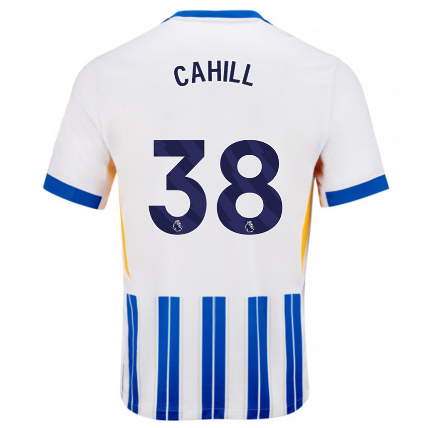 Herren Fußball Killian Cahill #38 Weiß Blaue Nadelstreifen Heimtrikot Trikot 2024/25 T-Shirt Luxemburg