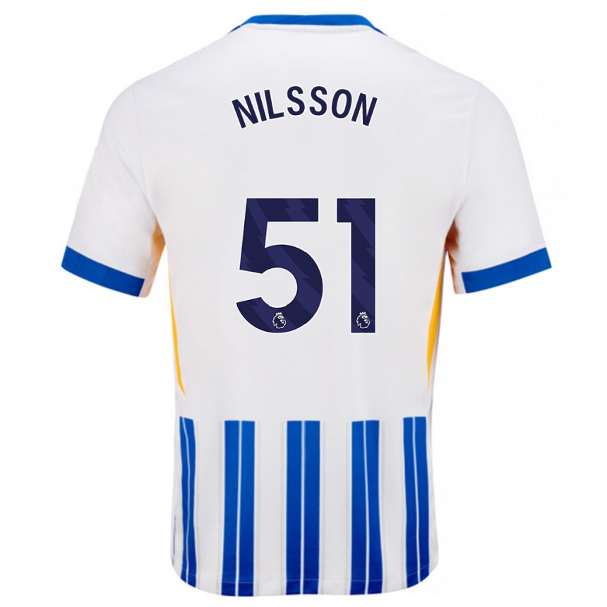 Herren Fußball Casper Nilsson #51 Weiß Blaue Nadelstreifen Heimtrikot Trikot 2024/25 T-Shirt Luxemburg