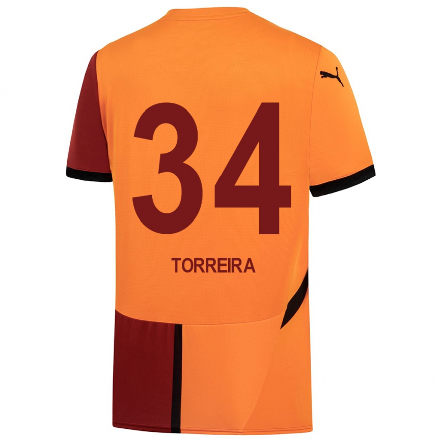 Kinder Fußball Lucas Torreira #34 Gelb Rot Heimtrikot Trikot 2024/25 T-Shirt Luxemburg