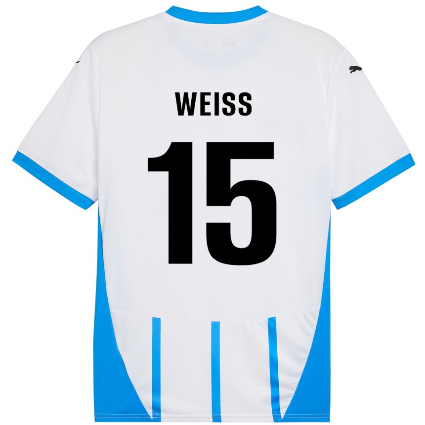 Kinder Fußball David Weiss #15 Weiß Blau Auswärtstrikot Trikot 2024/25 T-Shirt Luxemburg