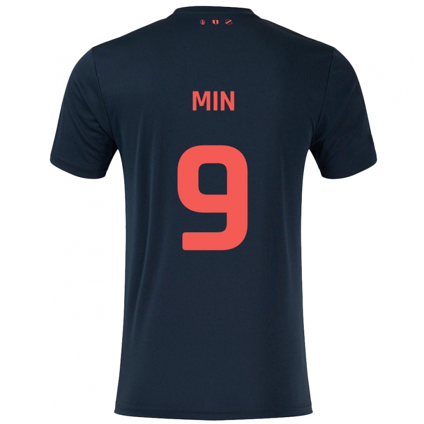 Kinder Fußball David Min #9 Schwarz Rot Auswärtstrikot Trikot 2024/25 T-Shirt Luxemburg