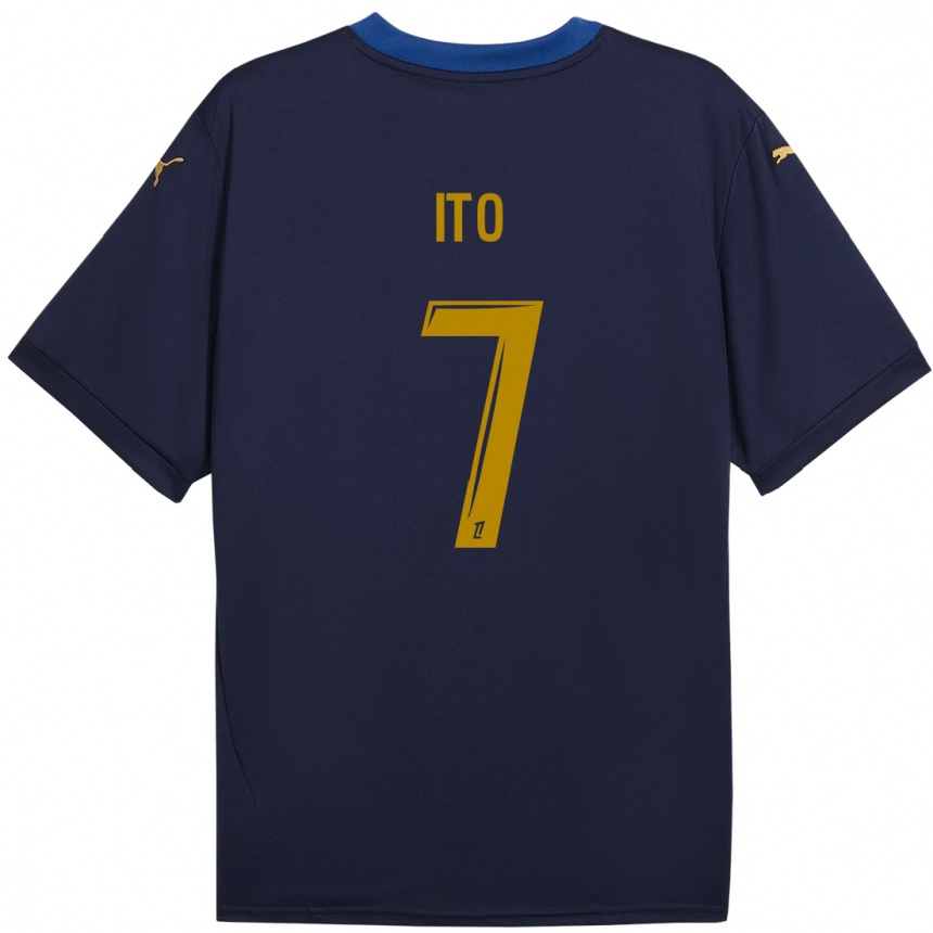 Kinder Fußball Junya Ito #7 Marineblau Gold Auswärtstrikot Trikot 2024/25 T-Shirt Luxemburg