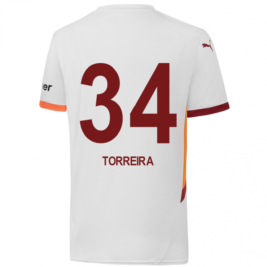 Kinder Fußball Lucas Torreira #34 Weiß Gelb Rot Auswärtstrikot Trikot 2024/25 T-Shirt Luxemburg