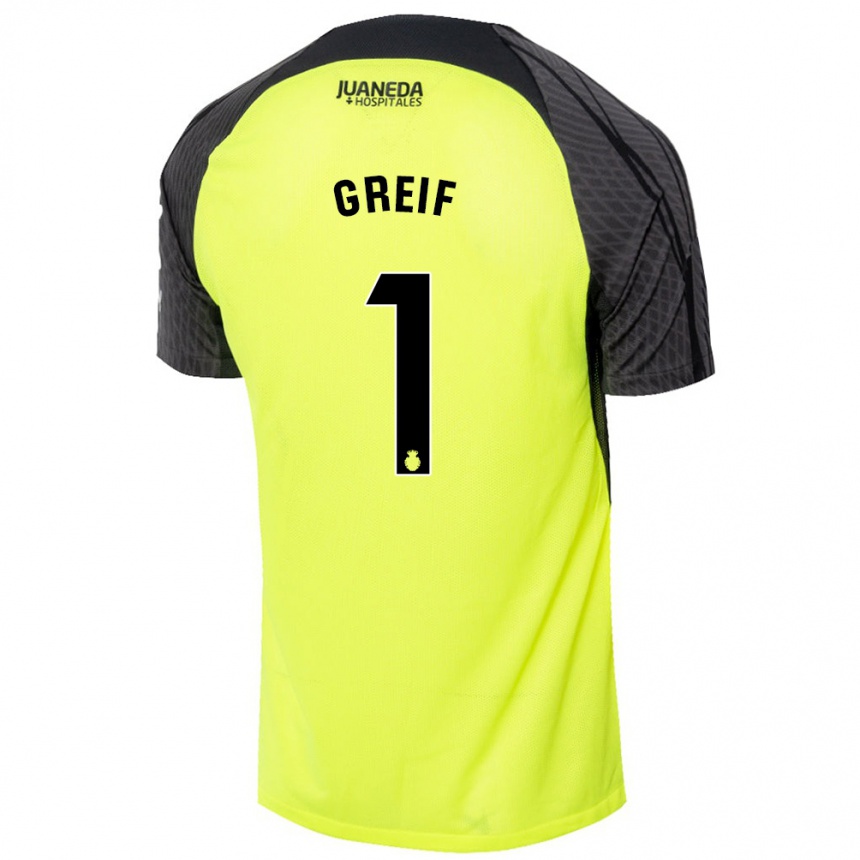 Kinder Fußball Dominik Greif #1 Fluoreszierend Grün Schwarz Auswärtstrikot Trikot 2024/25 T-Shirt Luxemburg