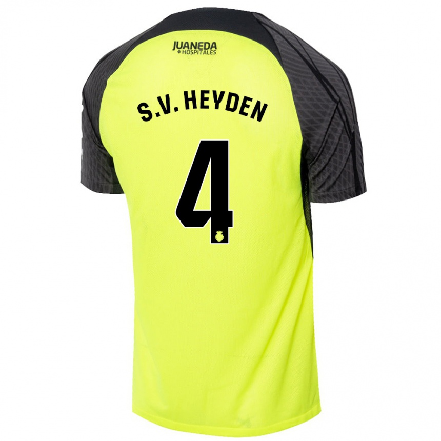 Kinder Fußball Siebe Van Der Heyden #4 Fluoreszierend Grün Schwarz Auswärtstrikot Trikot 2024/25 T-Shirt Luxemburg