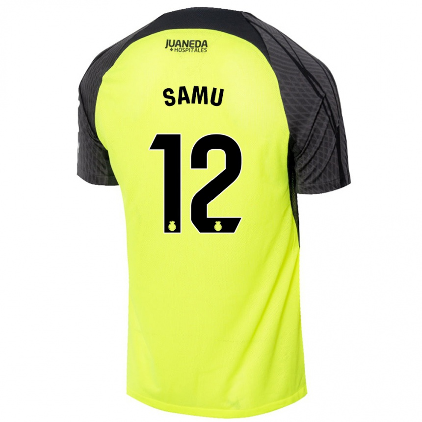 Kinder Fußball Samú Costa #12 Fluoreszierend Grün Schwarz Auswärtstrikot Trikot 2024/25 T-Shirt Luxemburg