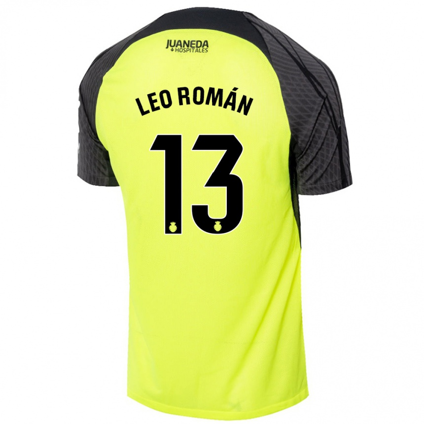 Kinder Fußball Leo Román #13 Fluoreszierend Grün Schwarz Auswärtstrikot Trikot 2024/25 T-Shirt Luxemburg