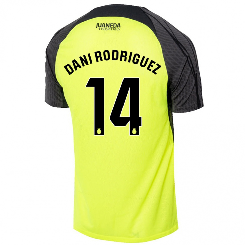 Kinder Fußball Dani Rodríguez #14 Fluoreszierend Grün Schwarz Auswärtstrikot Trikot 2024/25 T-Shirt Luxemburg