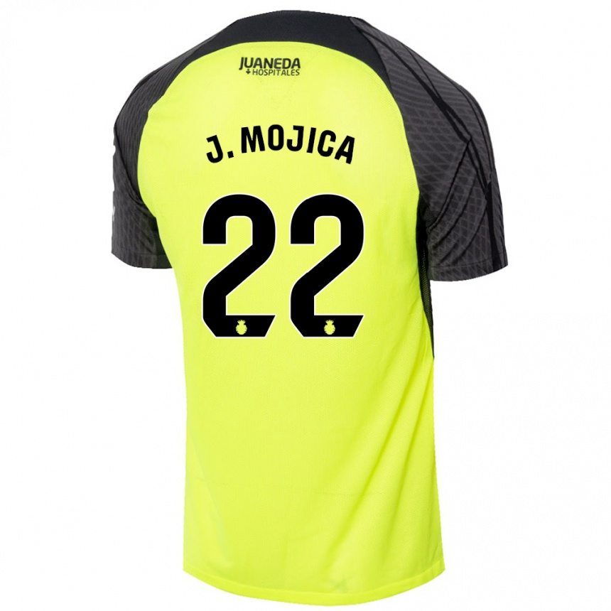 Kinder Fußball Johan Mojica #22 Fluoreszierend Grün Schwarz Auswärtstrikot Trikot 2024/25 T-Shirt Luxemburg