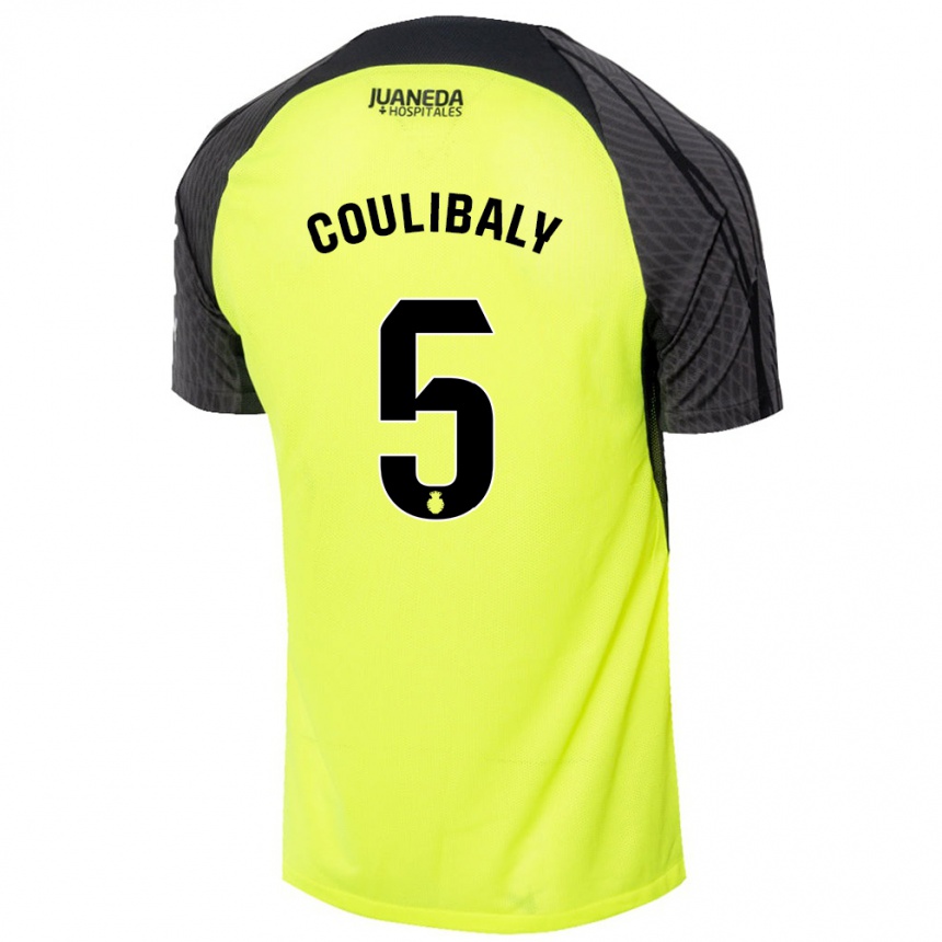 Kinder Fußball Habib Anas Coulibaly #5 Fluoreszierend Grün Schwarz Auswärtstrikot Trikot 2024/25 T-Shirt Luxemburg