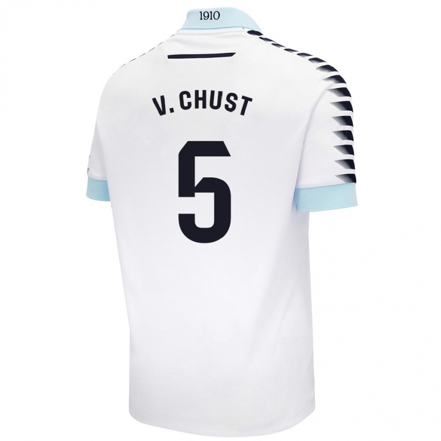 Kinder Fußball Víctor Chust #5 Weiß Blau Auswärtstrikot Trikot 2024/25 T-Shirt Luxemburg