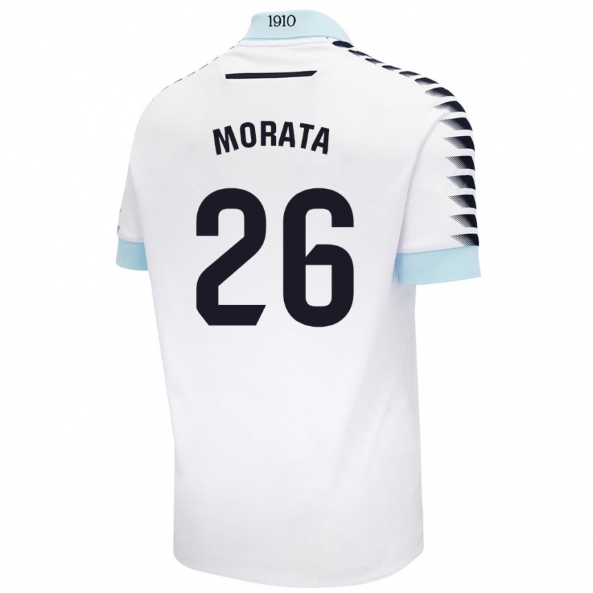 Kinder Fußball Álex Morata #26 Weiß Blau Auswärtstrikot Trikot 2024/25 T-Shirt Luxemburg