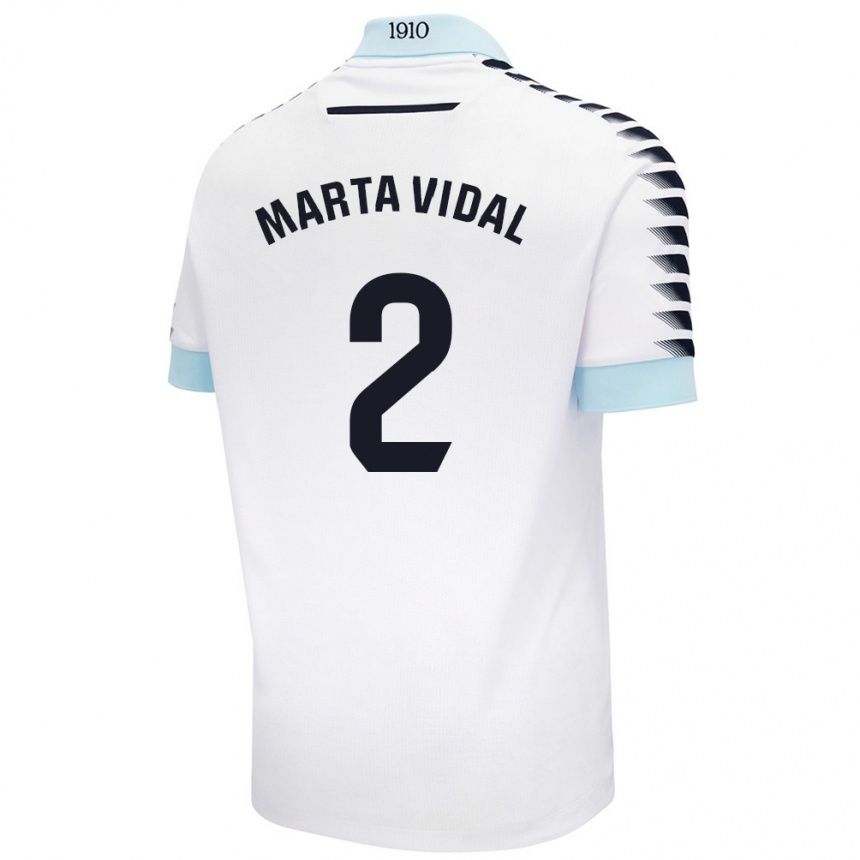 Kinder Fußball Marta Vidal Vela #2 Weiß Blau Auswärtstrikot Trikot 2024/25 T-Shirt Luxemburg