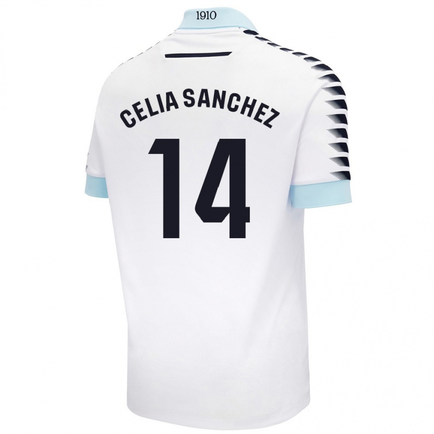 Kinder Fußball Celia Sánchez García #14 Weiß Blau Auswärtstrikot Trikot 2024/25 T-Shirt Luxemburg