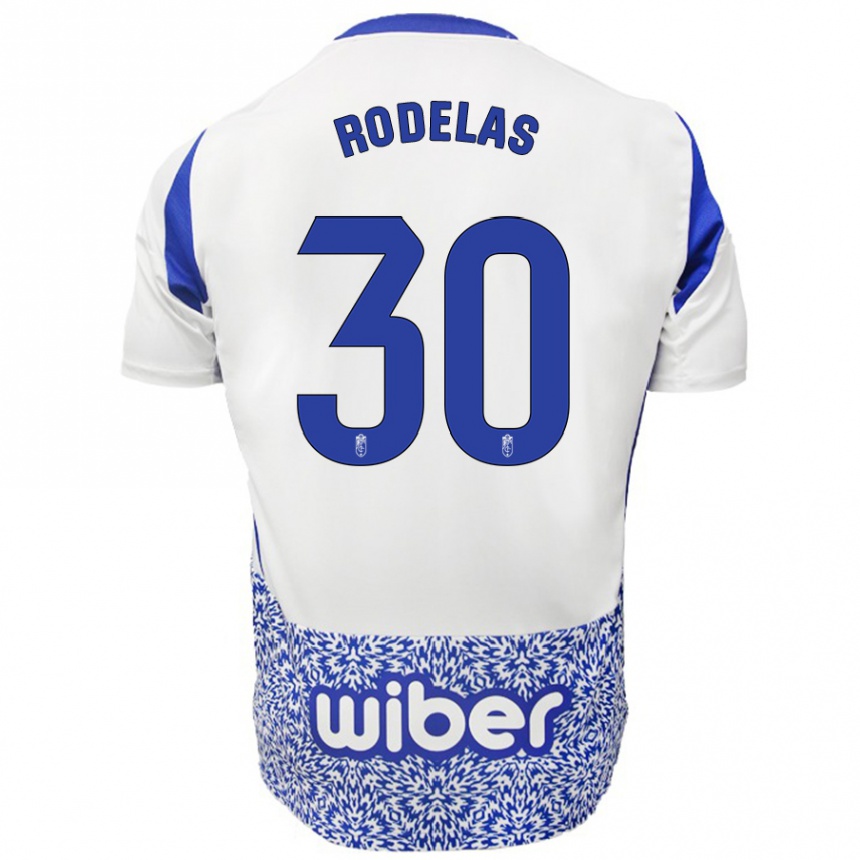 Kinder Fußball Sergio Rodelas #30 Weiß Blau Auswärtstrikot Trikot 2024/25 T-Shirt Luxemburg