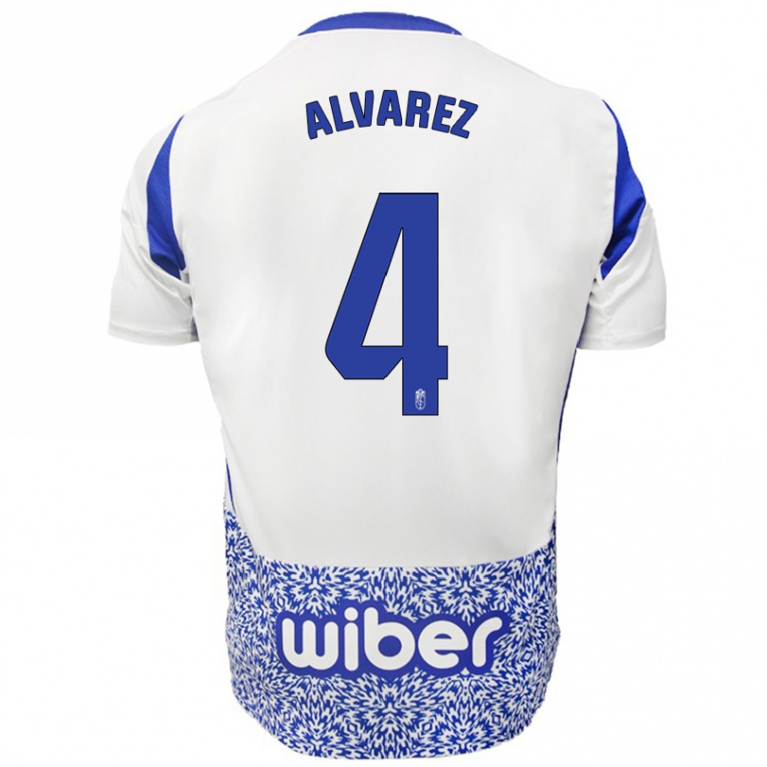 Kinder Fußball Isabel Álvarez #4 Weiß Blau Auswärtstrikot Trikot 2024/25 T-Shirt Luxemburg