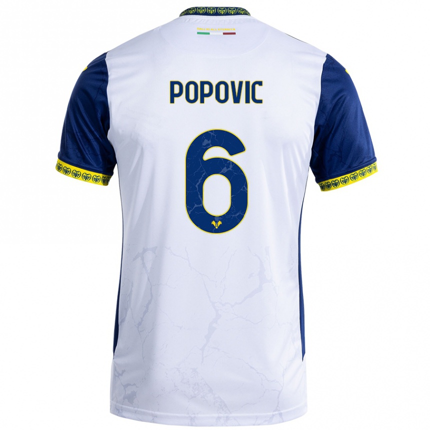 Kinder Fußball Andrej Popovic #6 Weiß Blau Auswärtstrikot Trikot 2024/25 T-Shirt Luxemburg