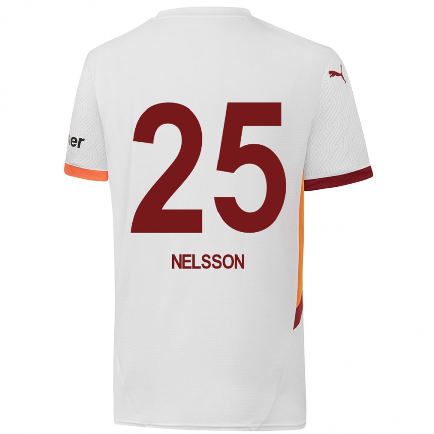 Herren Fußball Victor Nelsson #25 Weiß Gelb Rot Auswärtstrikot Trikot 2024/25 T-Shirt Luxemburg