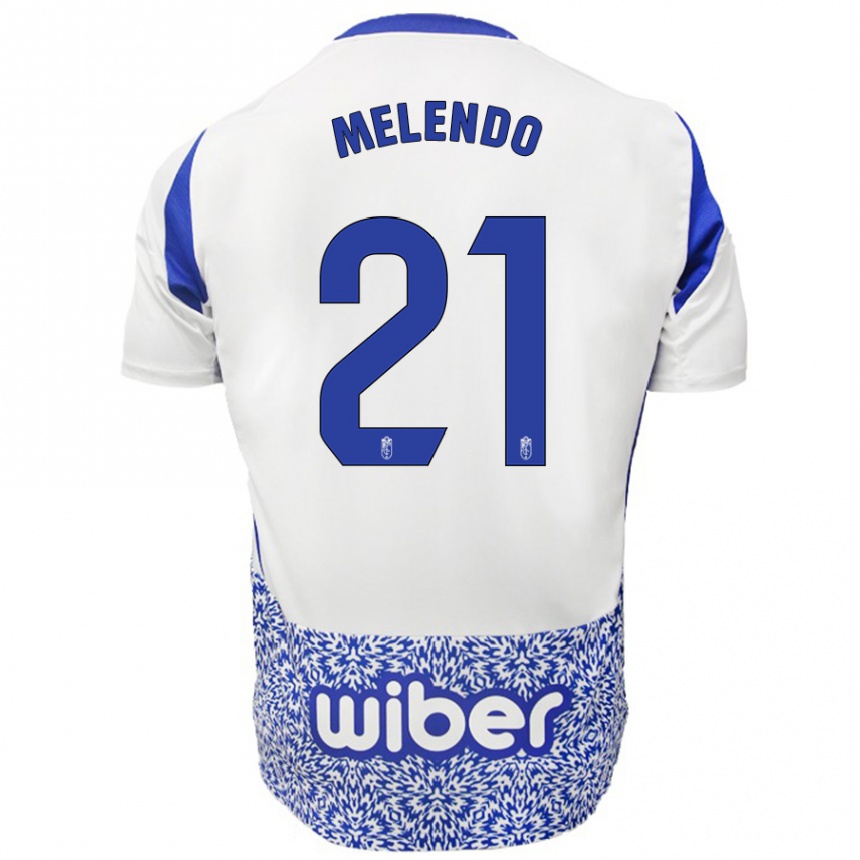 Herren Fußball Óscar Melendo #21 Weiß Blau Auswärtstrikot Trikot 2024/25 T-Shirt Luxemburg