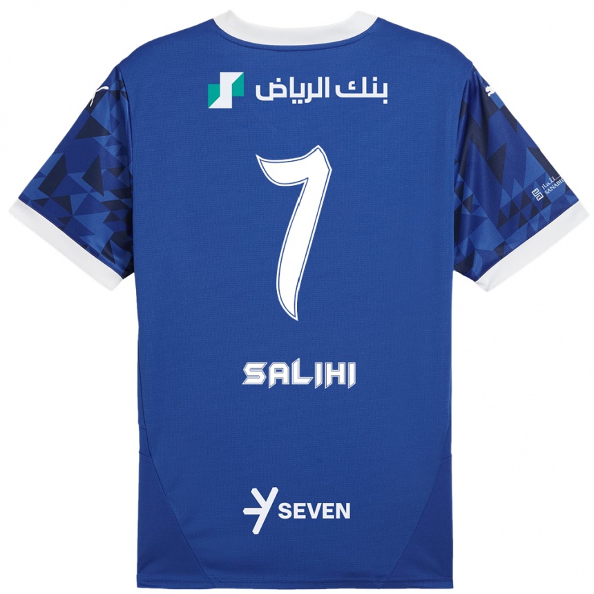 Kinder Fußball Shokhan Salihi #7 Dunkelblau Weiß Heimtrikot Trikot 2024/25 T-Shirt Luxemburg