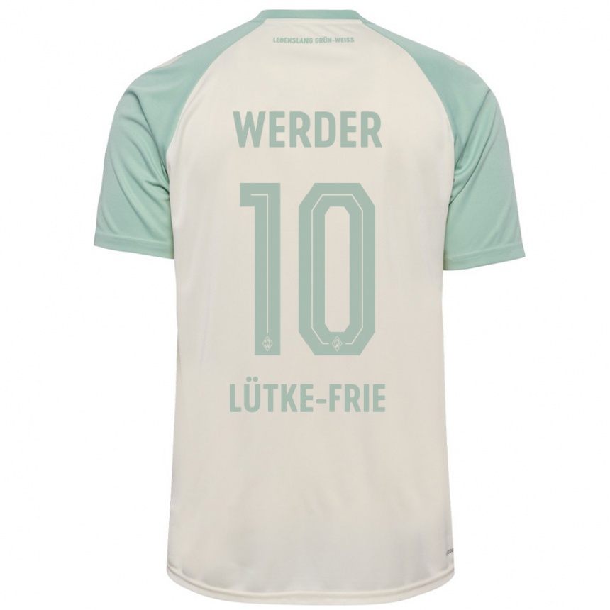 Kinder Fußball Dennis Lütke-Frie #10 Cremeweiß Hellgrün Auswärtstrikot Trikot 2024/25 T-Shirt Luxemburg