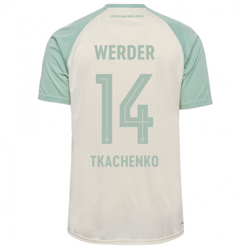 Kinder Fußball Oleksandr Tkachenko #14 Cremeweiß Hellgrün Auswärtstrikot Trikot 2024/25 T-Shirt Luxemburg