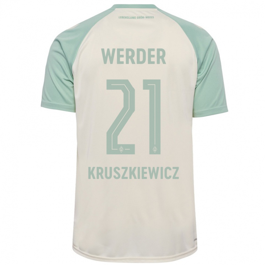 Kinder Fußball Jakub Kruszkiewicz #21 Cremeweiß Hellgrün Auswärtstrikot Trikot 2024/25 T-Shirt Luxemburg