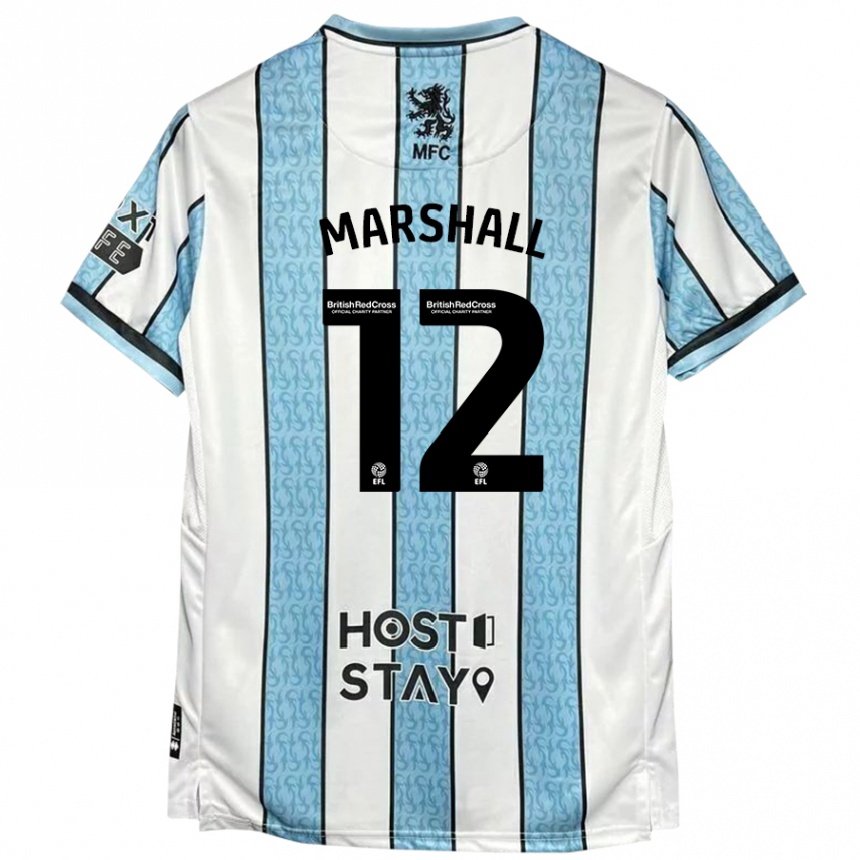 Kinder Fußball Eve Marshall #12 Weiß Blau Auswärtstrikot Trikot 2024/25 T-Shirt Luxemburg