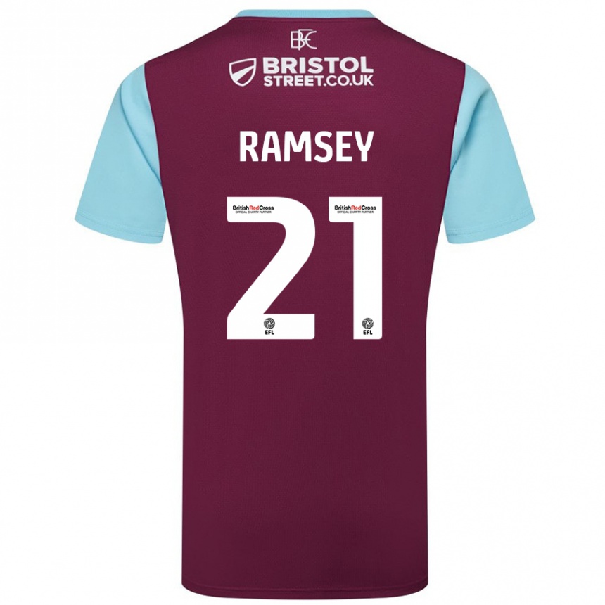 Damen Fußball Aaron Ramsey #21 Burgunderrot Himmelblau Heimtrikot Trikot 2024/25 T-Shirt Luxemburg