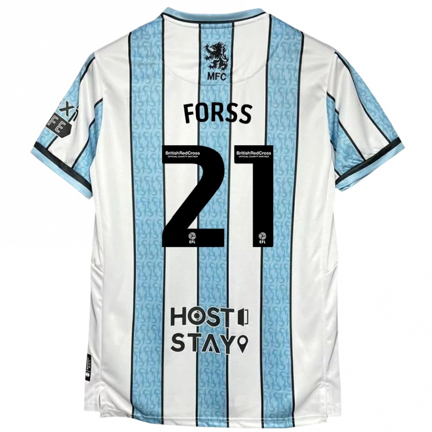 Damen Fußball Marcus Forss #21 Weiß Blau Auswärtstrikot Trikot 2024/25 T-Shirt Luxemburg