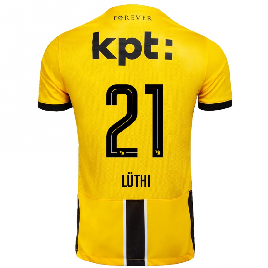 Kinder Fußball Janis Lüthi #21 Gelb Schwarz Heimtrikot Trikot 2024/25 T-Shirt Luxemburg