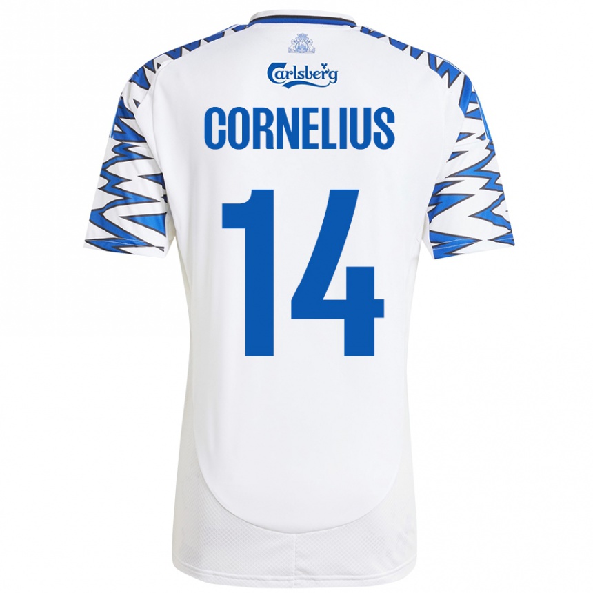 Kinder Fußball Andreas Cornelius #14 Weiß Himmelblau Heimtrikot Trikot 2024/25 T-Shirt Luxemburg