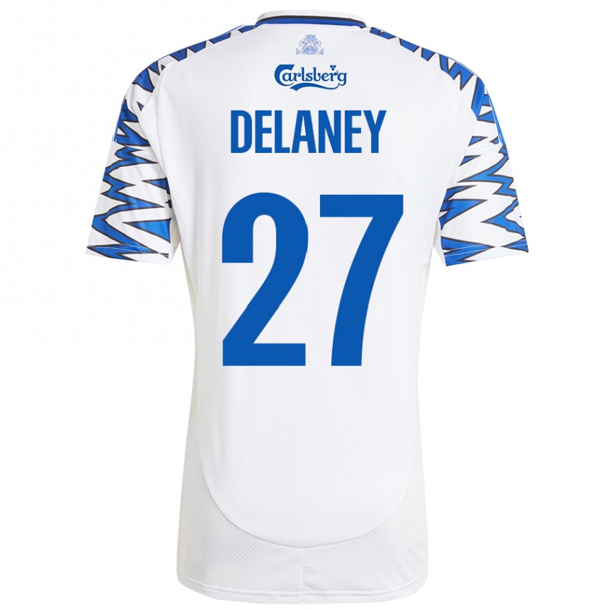 Kinder Fußball Thomas Delaney #27 Weiß Himmelblau Heimtrikot Trikot 2024/25 T-Shirt Luxemburg