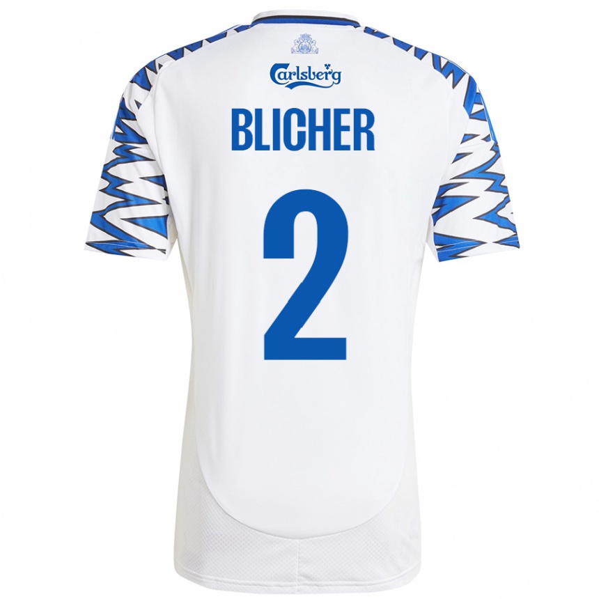 Kinder Fußball Nicolai Blicher #2 Weiß Himmelblau Heimtrikot Trikot 2024/25 T-Shirt Luxemburg