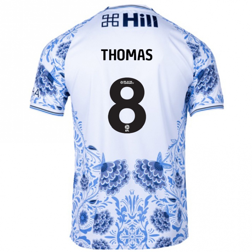 Kinder Fußball George Thomas #8 Weiß Blau Auswärtstrikot Trikot 2024/25 T-Shirt Luxemburg