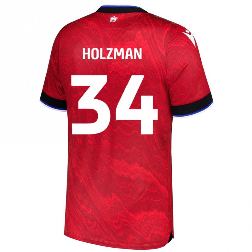 Kinder Fußball Louie Holzman #34 Rot Schwarz Auswärtstrikot Trikot 2024/25 T-Shirt Luxemburg