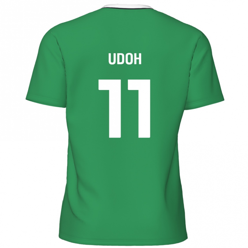 Kinder Fußball Daniel Udoh #11 Grün Weiße Streifen Auswärtstrikot Trikot 2024/25 T-Shirt Luxemburg