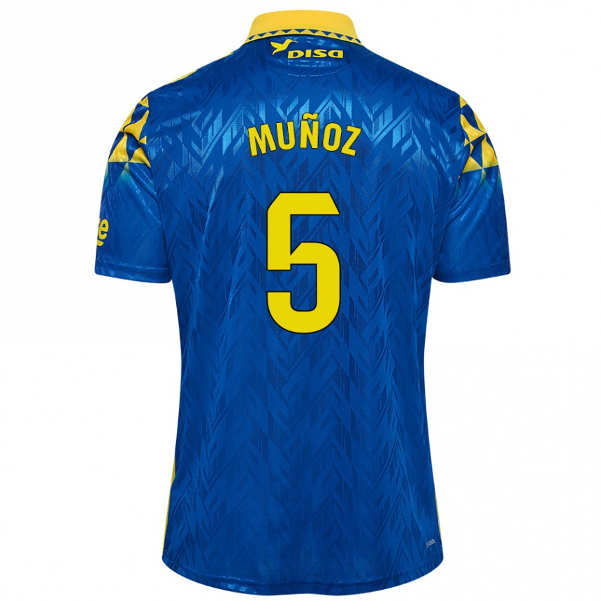 Kinder Fußball Javi Muñoz #5 Blau Gelb Auswärtstrikot Trikot 2024/25 T-Shirt Luxemburg