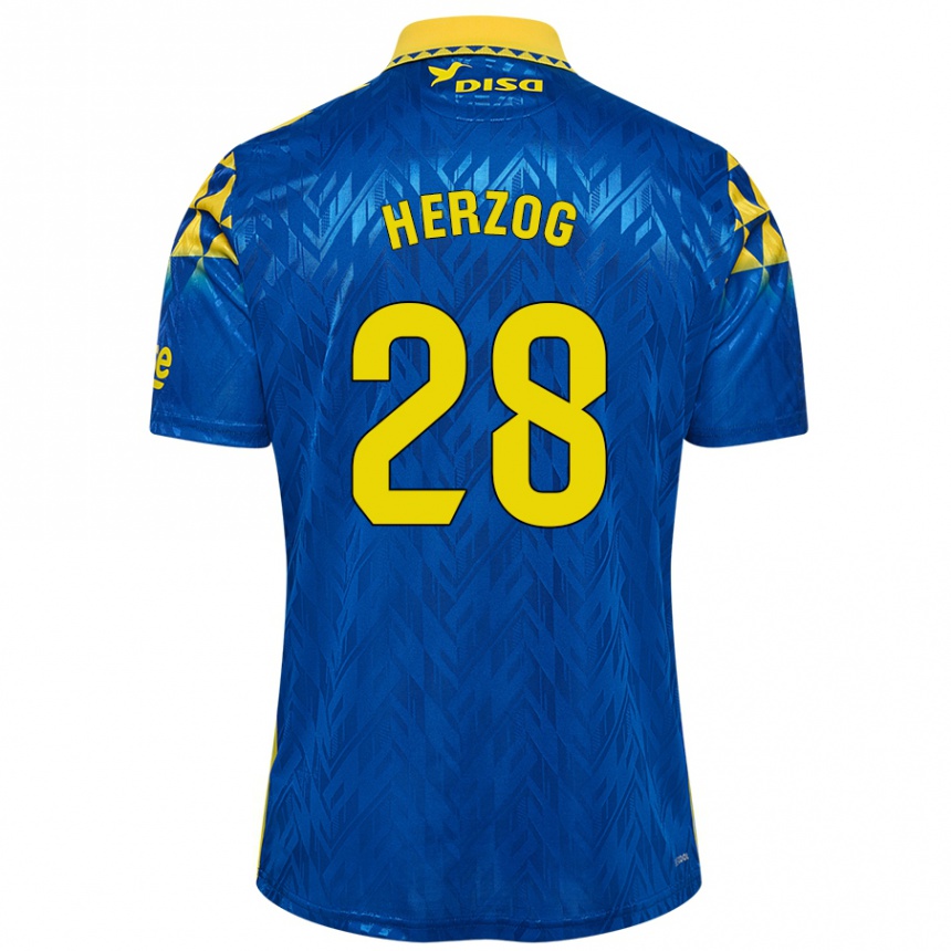 Kinder Fußball Juanma Herzog #28 Blau Gelb Auswärtstrikot Trikot 2024/25 T-Shirt Luxemburg